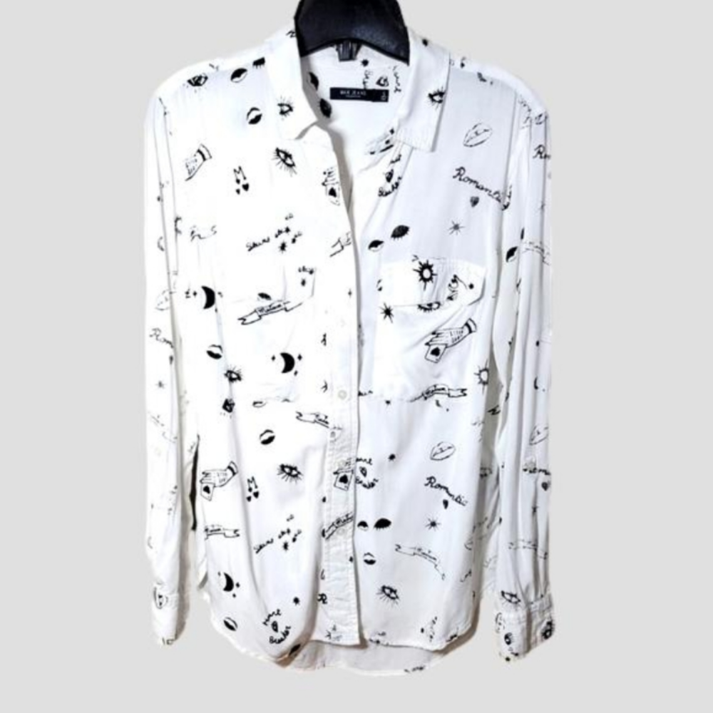 Max Jean's small rayon button-down romantic print blouse black & white longsleev